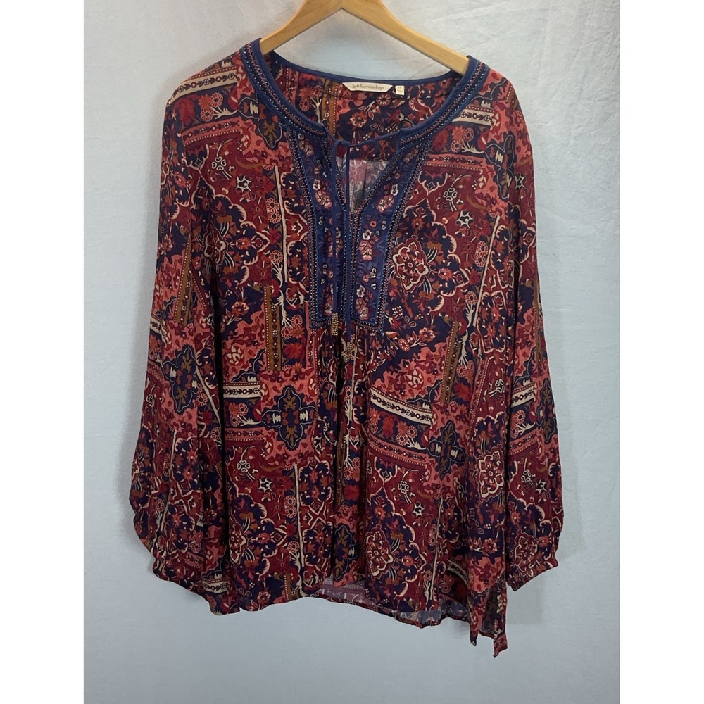 Soft Surroundings Blue Rust 3/4 slv Floral Top 2X Boho Hippie Peasant tassels
